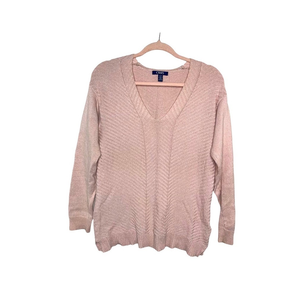 CHAPS Pink V-Neck Sweater with Metallic Silver Foil Threading S